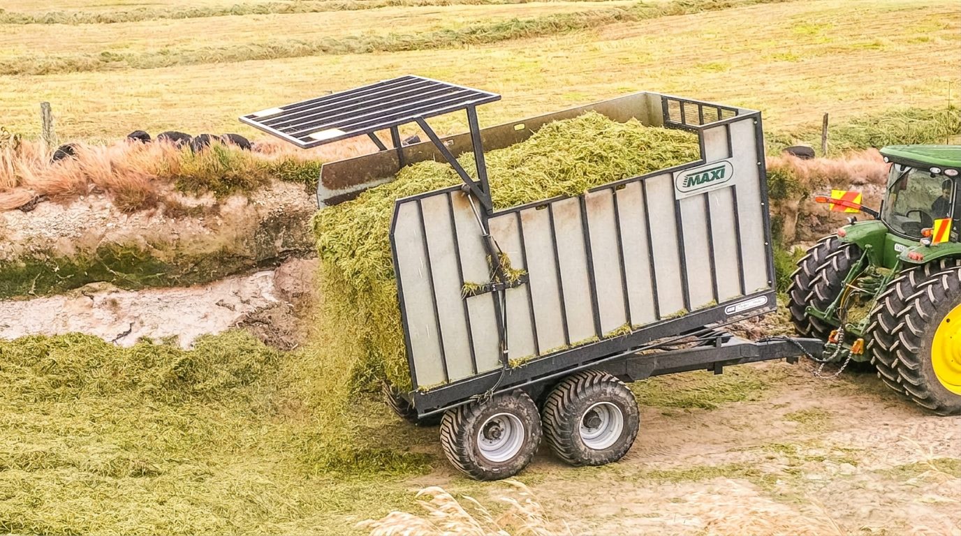 Maxi trailer tipping silage into a feed bunker
